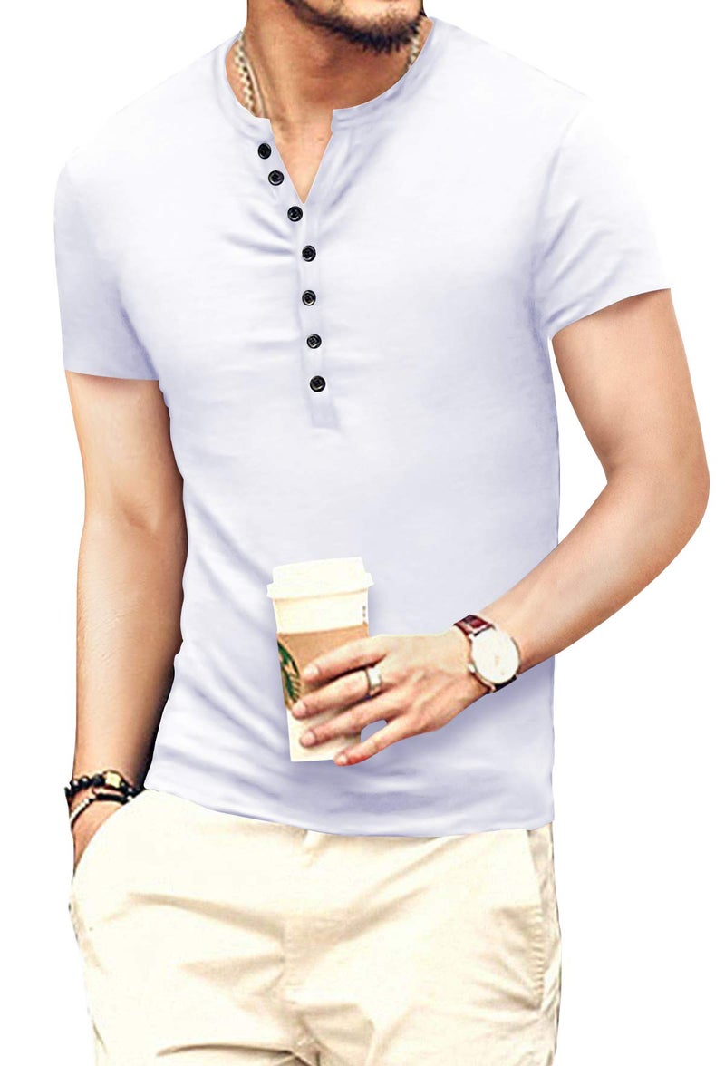 YTD Mens Casual Slim Fit Basic Henley Short Sleeve Fashion Summer T-Shirt M White - Image 2